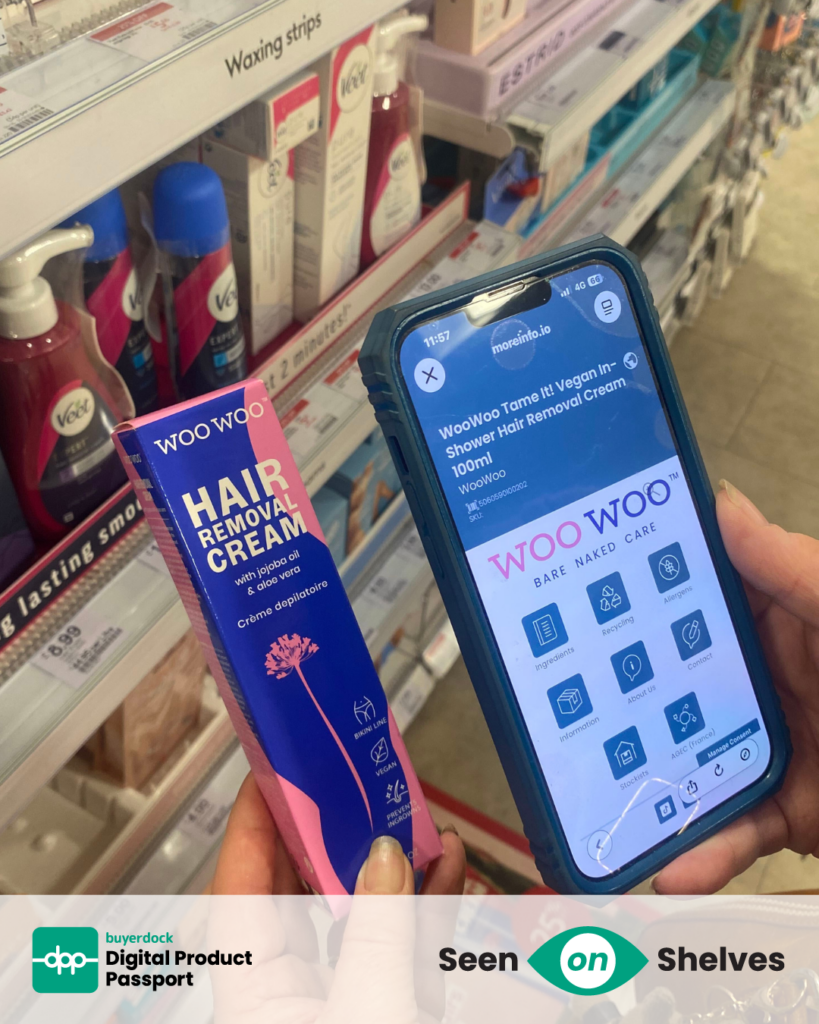 Seen On Shelves, products in store supporting Buyerdock's iQRcode™ 2D Barcode on their packaging, this is WOO WOO Hair Removal Cream