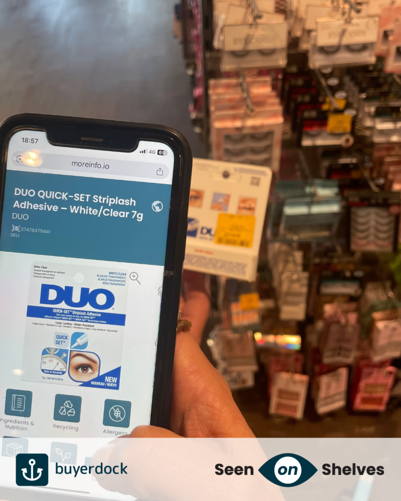 a consumer in TK Maxx Stevenage scanning a Buyerdock iQRcode on DUO quick set striplash adhesive.