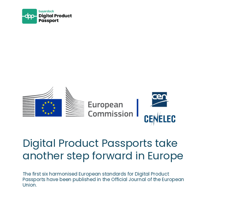 EU commission logo and Cenelec logo with buyerdock digital passport logo