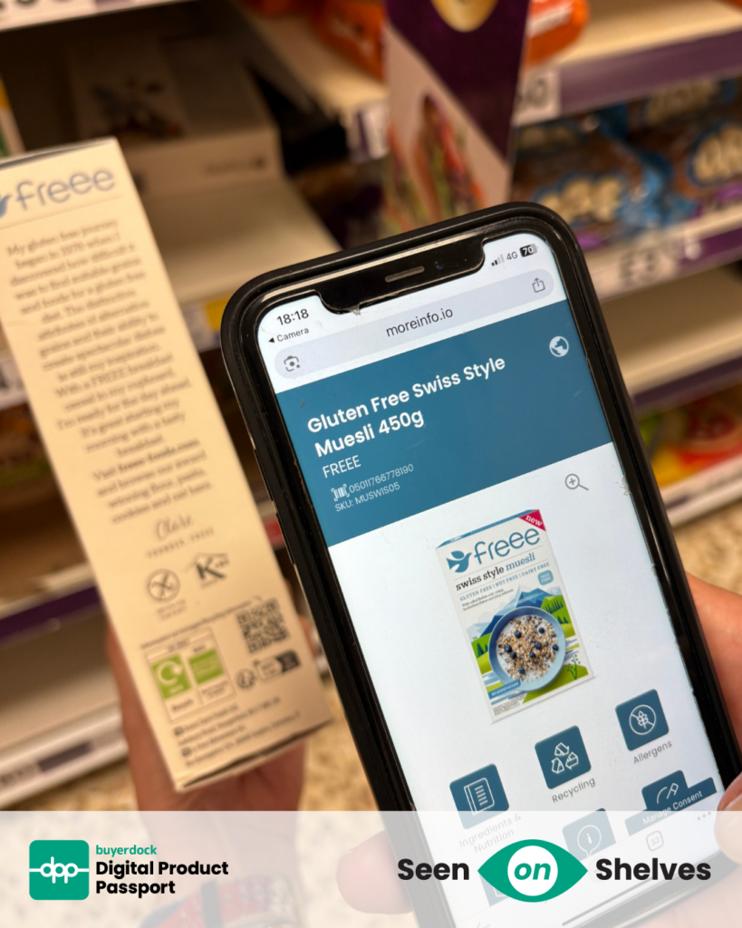 a customer scanning Buyerdock iQRcode in tesco, the dpp webapp is showing on the phone with all the product information displayed digitally.