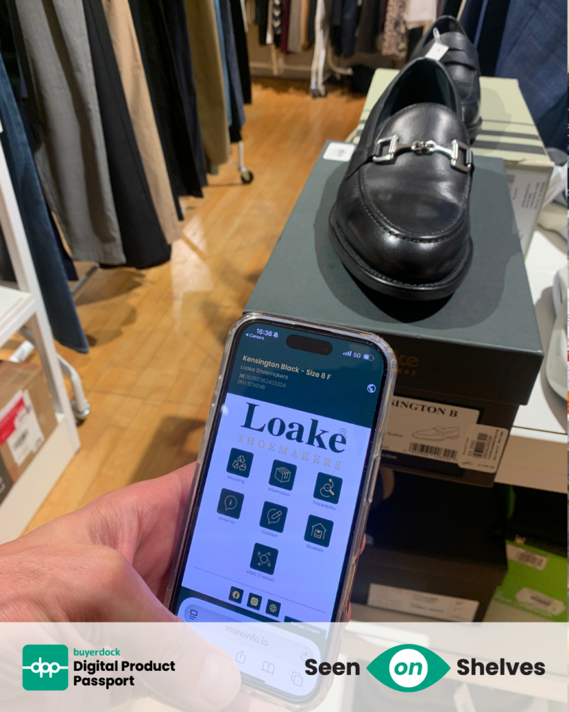 a customer scanning Buyerdock iQRcode™ at point of sale, a pair of shoes from Loake Shoemaker in John Lewis